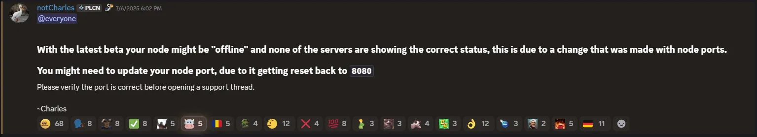Discord announcement about offline node