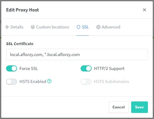NPM Proxy Host SSL Settings