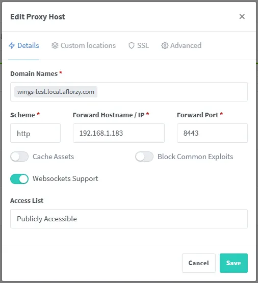 NPM Proxy Host Details for Wings