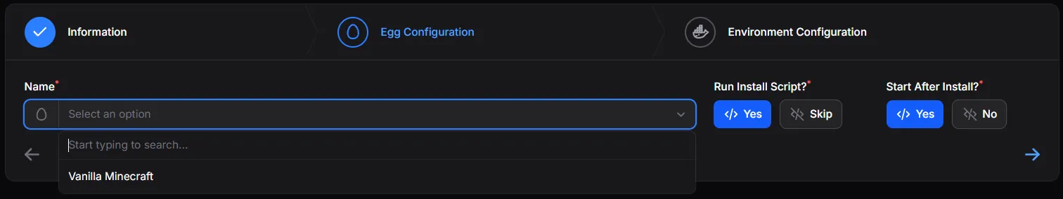 Pelican Server Create Egg Configuration