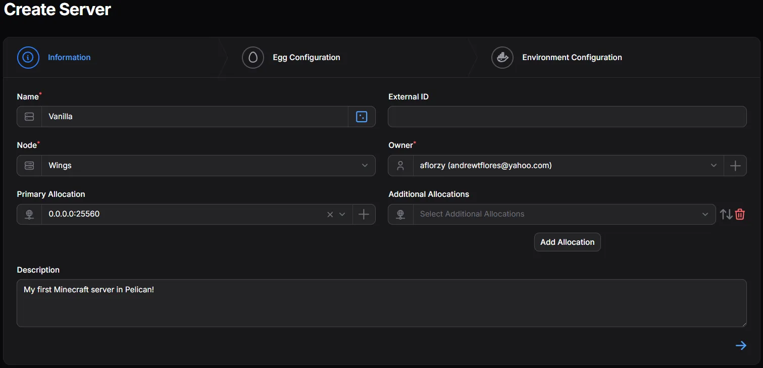 Pelican Server Create Information