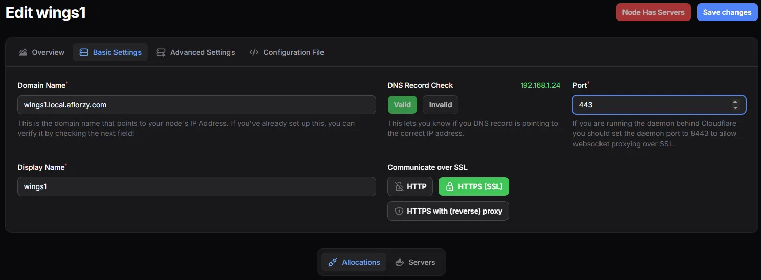 Update node port in Advanced Settings to 443